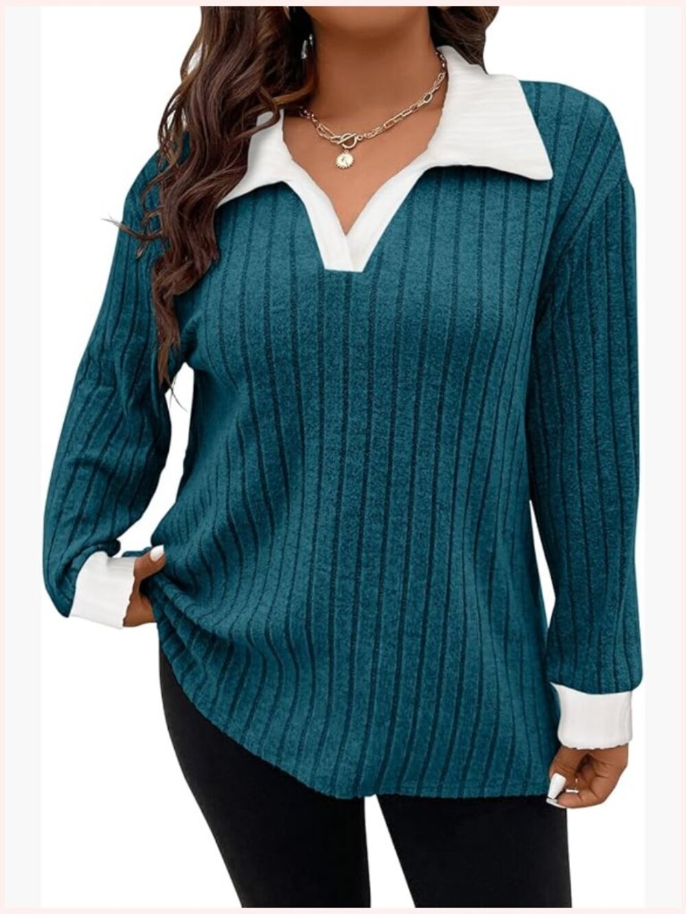 Plus Size Knit V Neck Sweater Long Sleeve Blouses Lightweight Tunic Top